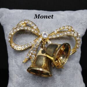 Vintage Monet Christmas Rhinestone Bell Brooch, Gold Tone, Two Bells, 1960s